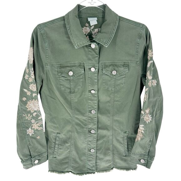 Chico's 1 Jacket Womens M Green Sage Denim Floral Flower Embroidered Boho - Picture 1 of 15